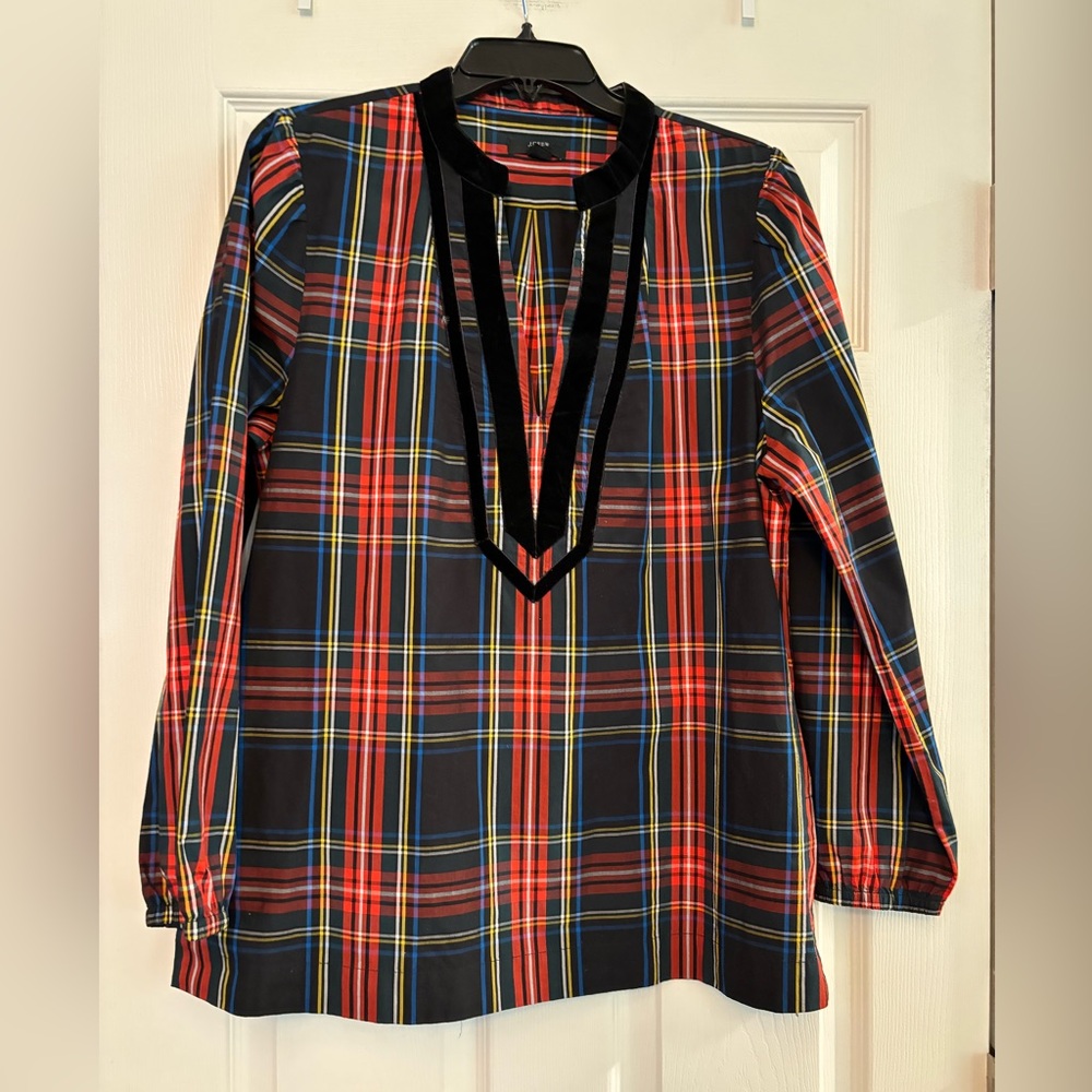 J. Crew | Velvet Trimmed V-neck Tunic in Black Stewart Tartan #AU282 Sz L